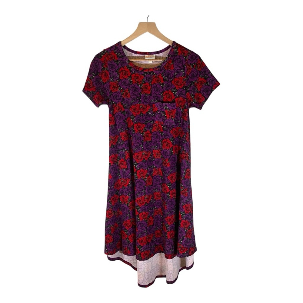 LuLaRoe Carly Dress Women XXS Purple Red Floral Rose High Low Pocket Excellent